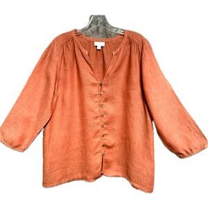 Pure Jill Linen Split V Neck Tunic Lagonlook Oversize Top Women M Rust Orange